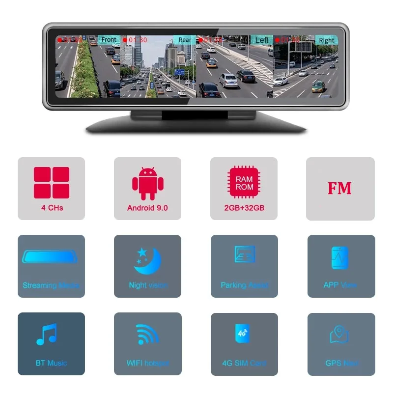 HGDO 11.26" 4 Channel Lens Android 9.0 Dashboard Car DVR Video Recorder HD ADAS Rearview Mirror Camera Dash Cam Auto registrar images - 6