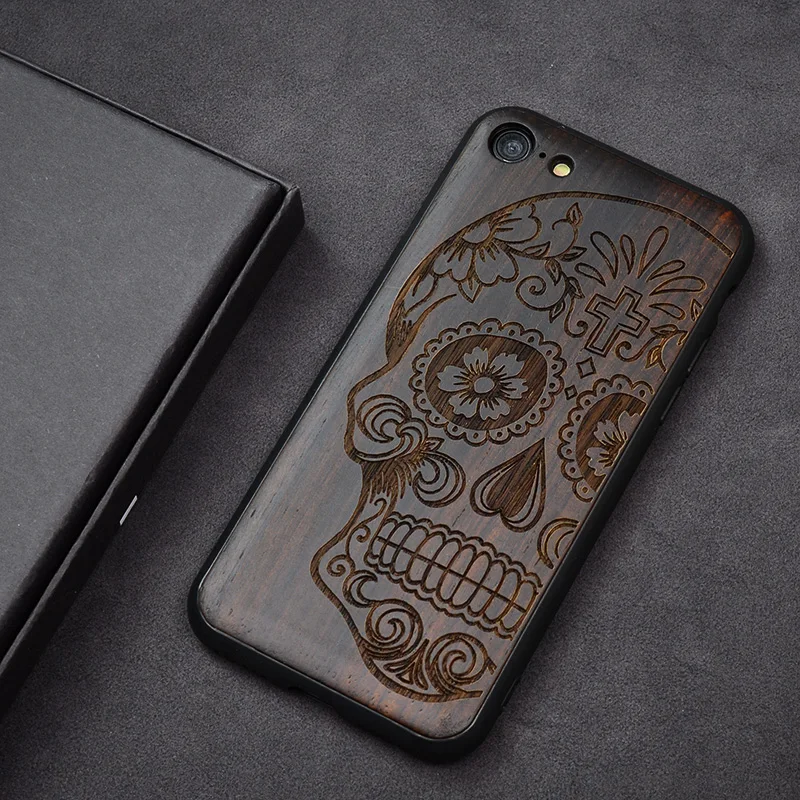 Резной череп черный Эбеновое Дерево чехол для телефона iPhone SE 2020 2 SE2 Чехлы дерево