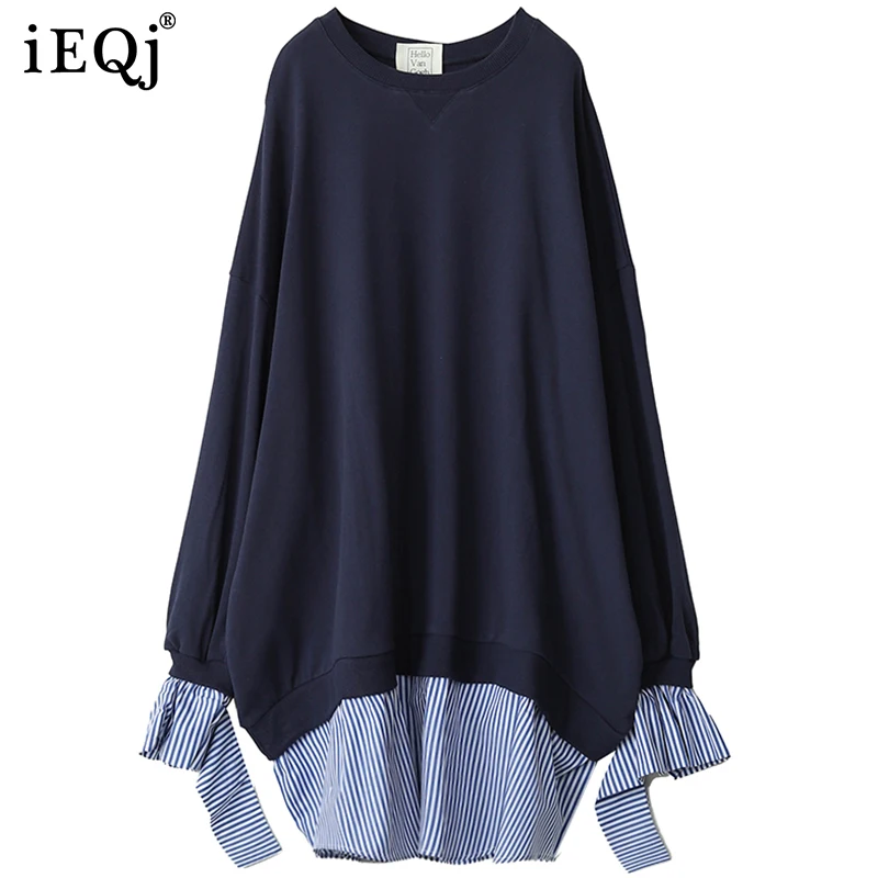 

IEQJ 2021 new autumn and winter fashion women clothes round neck batwing sleeves striped pullover loose spliced sweatshirt WT117