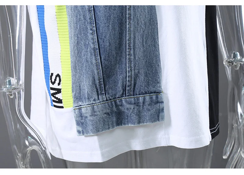 

[EAM] Women Black Denim Spliced Ribbon Pocket T-shirt New Round Neck Short Sleeve Fashion Tide Spring Summer 2021 1DD8855