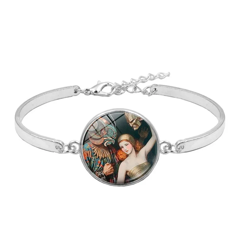 

Bracelet Chain Glass Cabochon Jewelry Art Oil Painting Bangle Klimt's Kiss Mom and Child Mother Day's Gifts Bracelets for Women