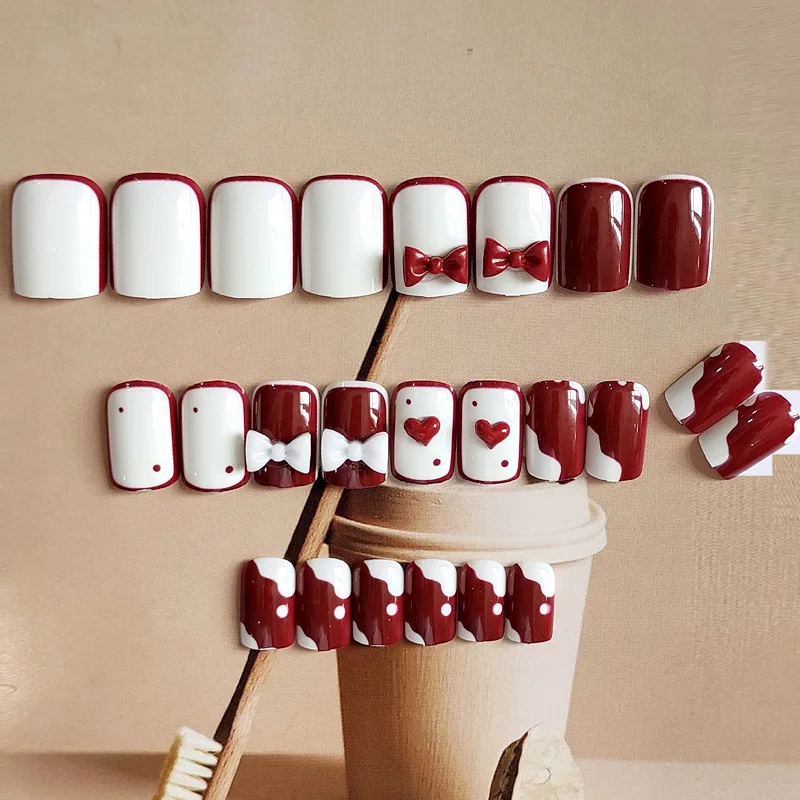 

24 PCS Bowknot Nail Piece Cute Red White False Nail with Glue Stick on Jelly Fake Nail for Christmas Manicure Nail Salon SANA889