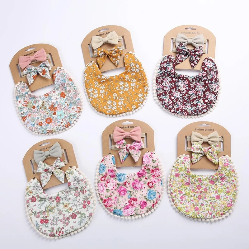 

Baby Headbands+Tassel Saliva Towel Kit Newborn Photography Props Floral Print Double Side Bibs Bandana Burp Cloths Feeding Smock