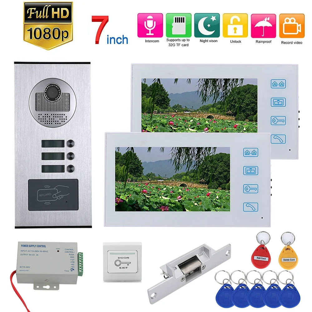 

7inch Record Video Intercom 2 Apartments Video Door Phone System with RFID 1080P Doorbell Camera+NO Electric Strike Door Lock
