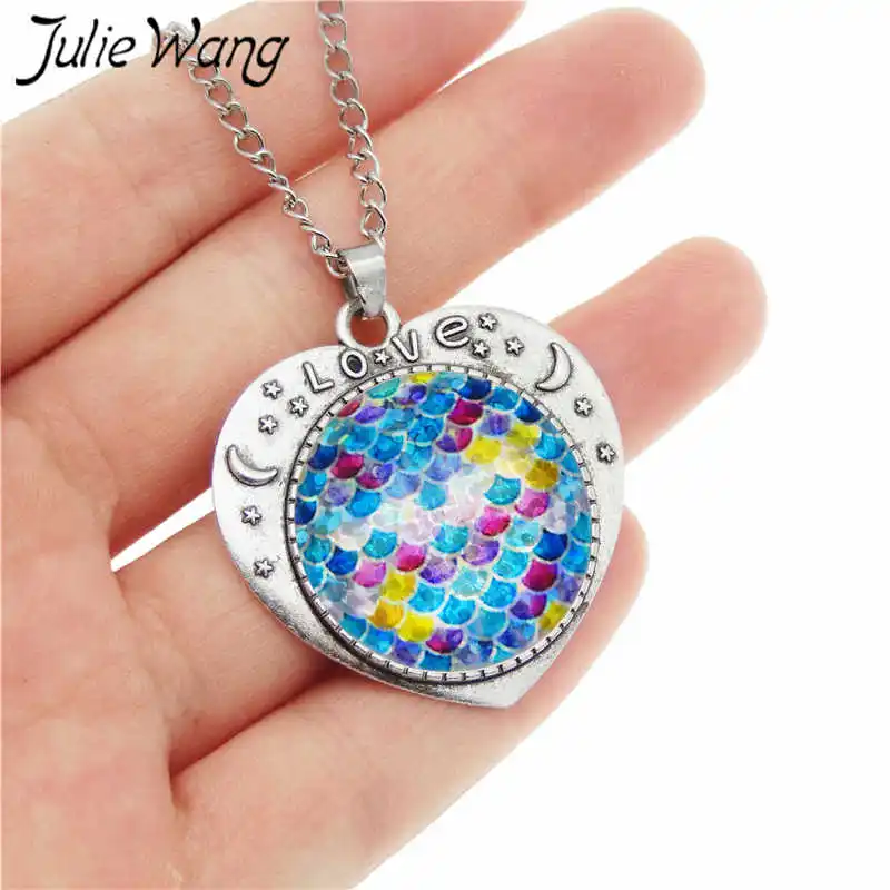 Julie Wang 25mm Glass Mermaid Fish Scale Necklace Women Heart Cabochon Setting Pendant Collar Chain Bohemian Fashion Jewelry | Украшения и