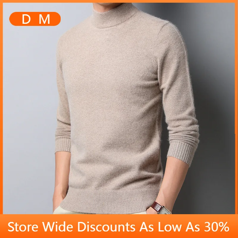

Men's Autumn and Winter New Cashmere Sweater Thick Solid Color Half High Collar Warm Base Knitted Sweater Men
