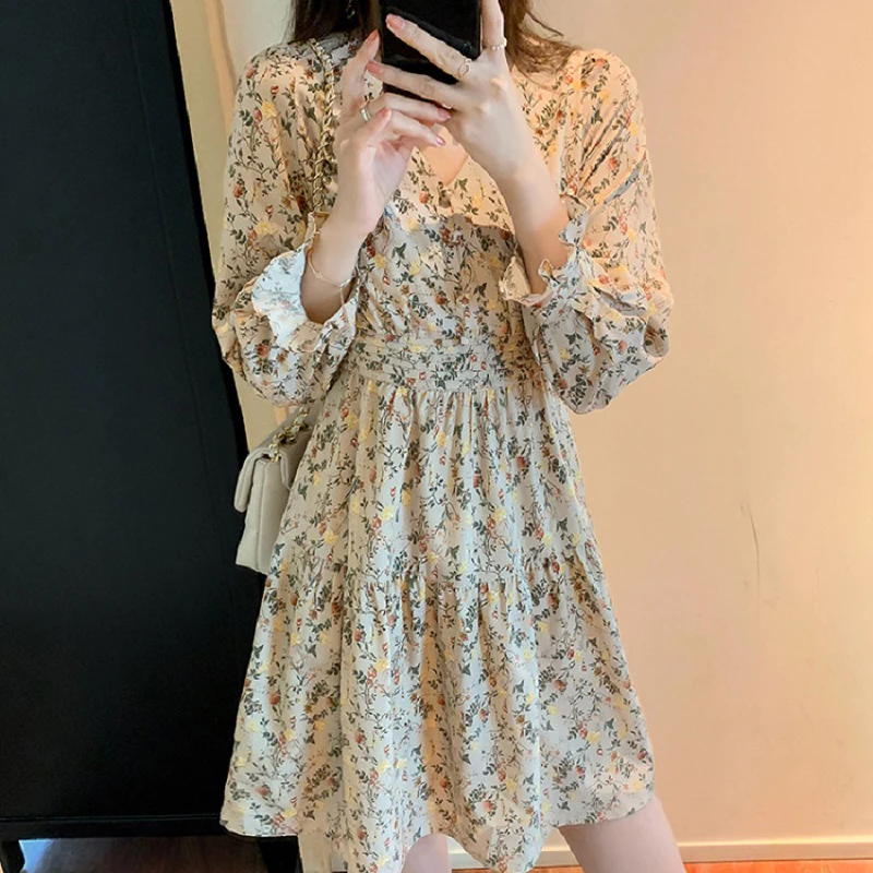 

Wisher&Tong Women's Floral Dress V-neck Long Sleeve Elegant Printed Dress One Piece Ladies Short Dresses Femme Vestidos 2022