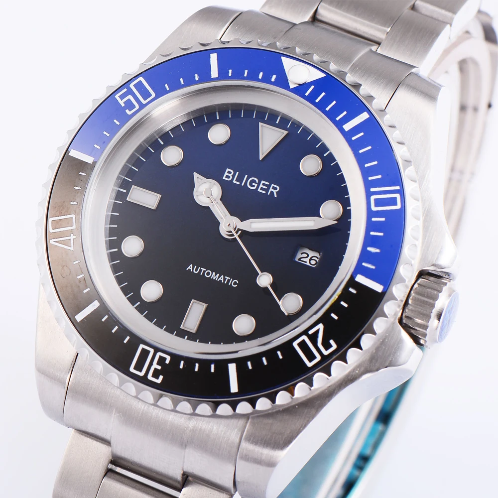 Мужские часы bliger44мм с градиентным циферблатом черного и синего цвета