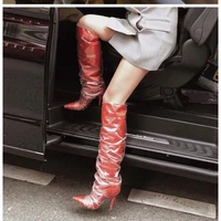 women leather boots knee high boot women thin high heel booties pointed toe runway shoe booties size 45 42