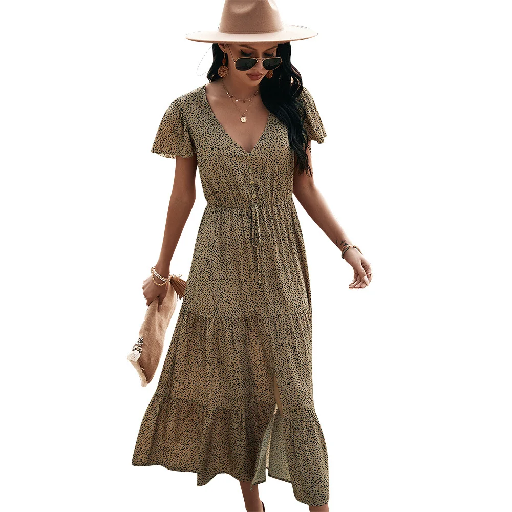 

2021 Summer Dress Woman Buttons V Neck Short Sleeve Leopard Print Casual Dress Holidays Split Front Sexy Boho Beach Dresses