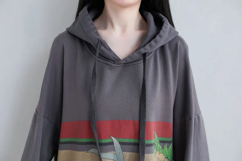 

Retro Vintage Cartoon Printed spring dress Casual Bohemian hooded ladies cotton sweatshirts Robe Femme Q261