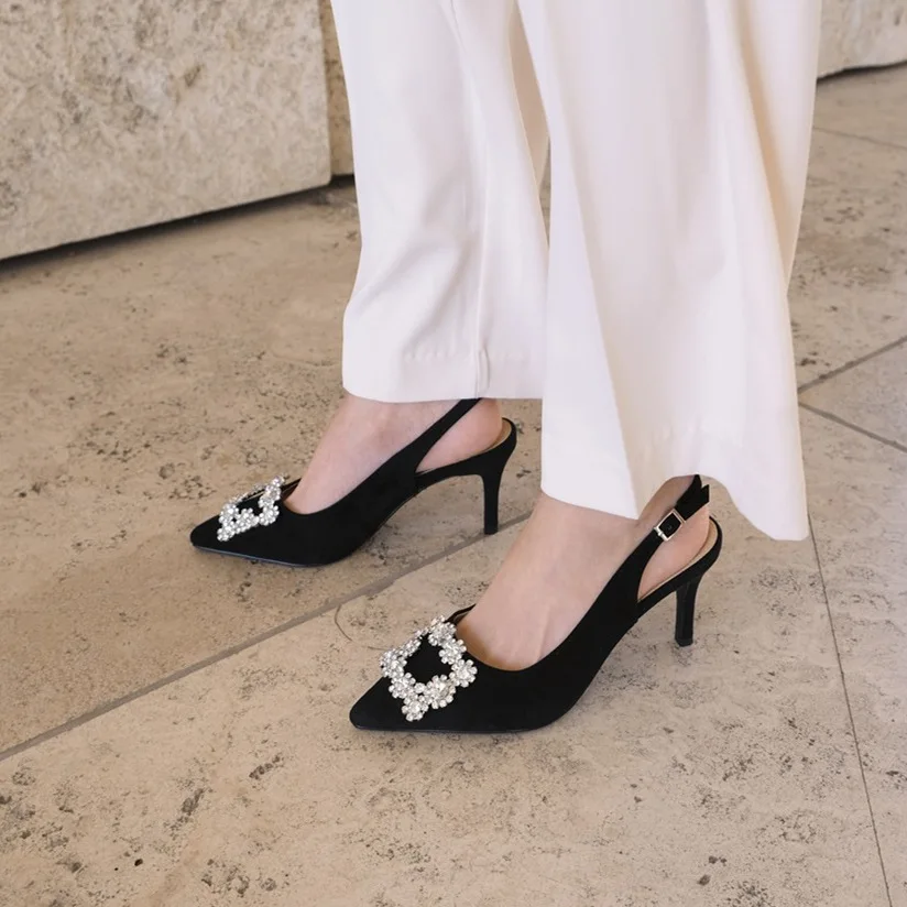 

Summer New Women Pointed Toe Sandals Fashion Slingback Flock Pumps Crystal Square Buckle High Heels Lady Concise pumps Shoes