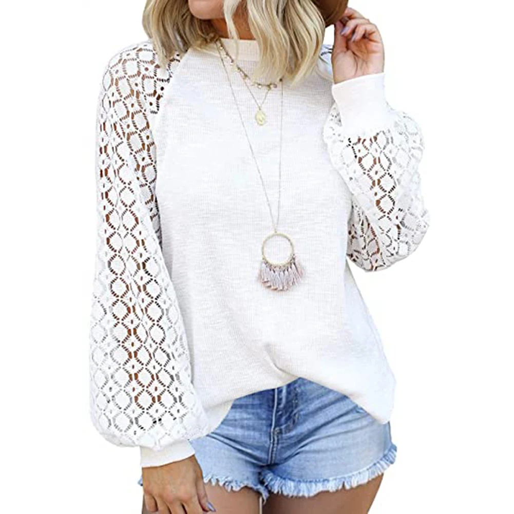 

blouse women Stylish Women Hollow Out Lace Patchwork Puff Sleeve Loose Blouse Shirt Pullover plus size blusas mujer de moda 2020