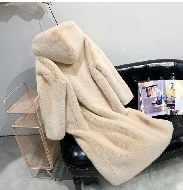 Женская шуба из меха кролика Длинная зимняя искусственного норки Толстая Шуба