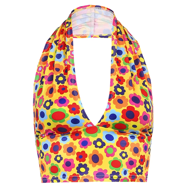 

Rockmore Summer Sexy Halter Crop Top Backless Tank Tops Y2K Aesthetic Floral Corset Party Beach Women Deep V-neck Cami Vest 2021