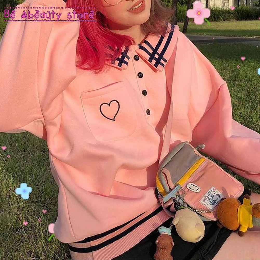 

Kawaii Striped Y2k Doll Collar Sweatshirts Long Sleeve Pullovers Cute Heart Button Tops Women Prepply Style Fall Spring Hoodies