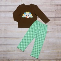2021 new style pure cotton baby boy suit coffee color turkey embroidered long sleeved top and green plaid trousers clothing