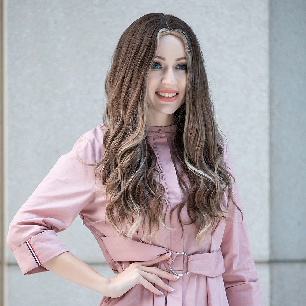 Длинные коричневые синтетические парики CharmSource с глубокими белыми волнами для