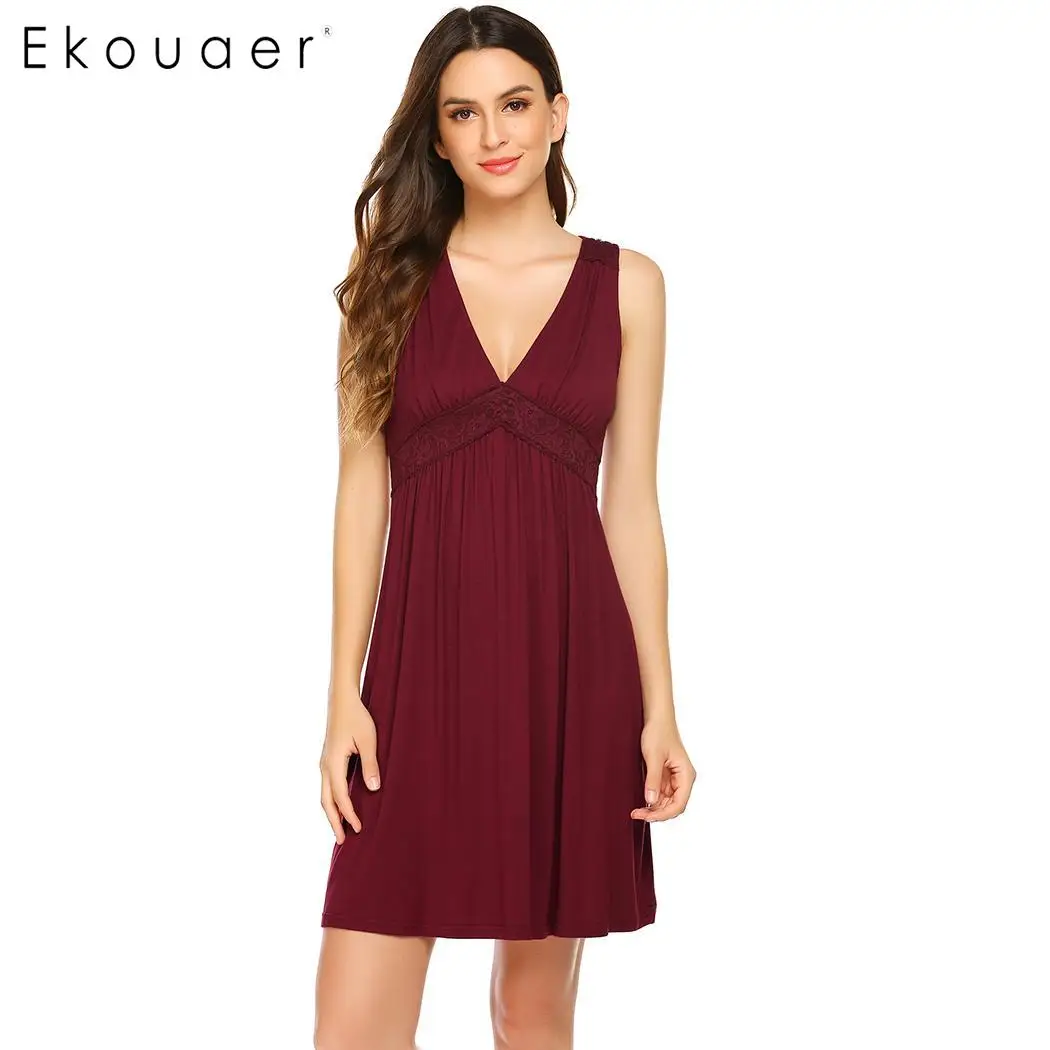 wine red Ekouaer женская ночная рубашка с v-образным вырезом летняя Пижама без рукавов Кружевное однотонное Ночное платье женская сексуальная ночная рубашка - Цвет: wine red