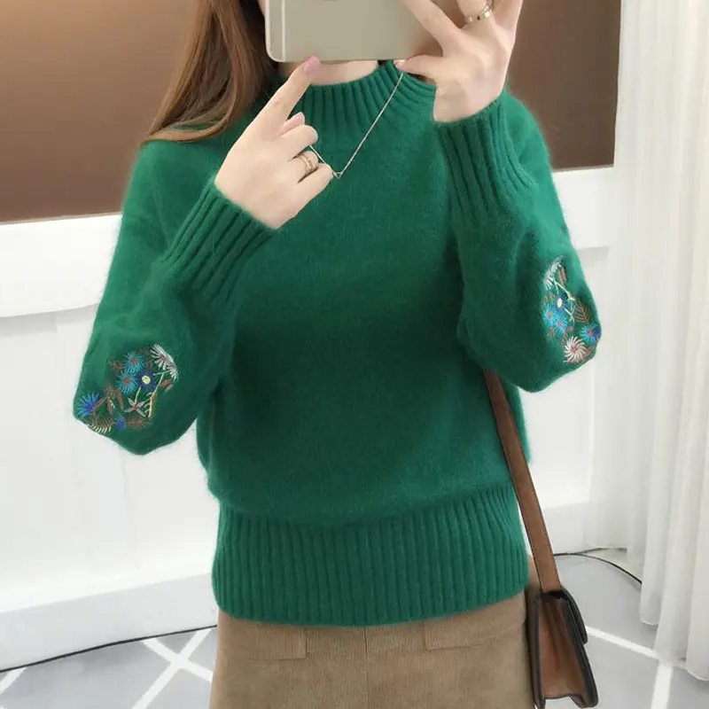 green sweater women RealShe, Осенний женский свитер,, водолазка, длинный рукав, вышивка, толстый кашемировый свитер для женщин, элегантный осенний свитер для женщин - Цвет: green sweater women