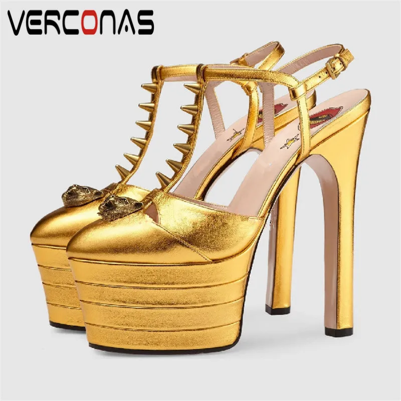 

Женские босоножки с круглым носком VERCONAS, черные повседневные туфли-лодочки с металлическим украшением, туфли на тонком каблуке, лето 2021