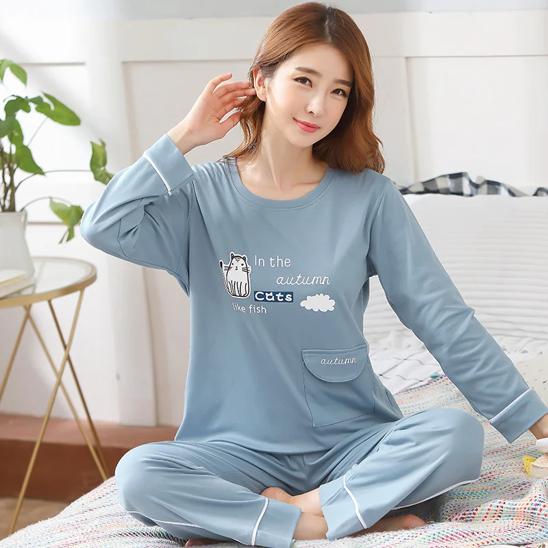 M 5XL женская мягкая Хлопковая пижама набор длинный рукав ночная рубашка с принтом