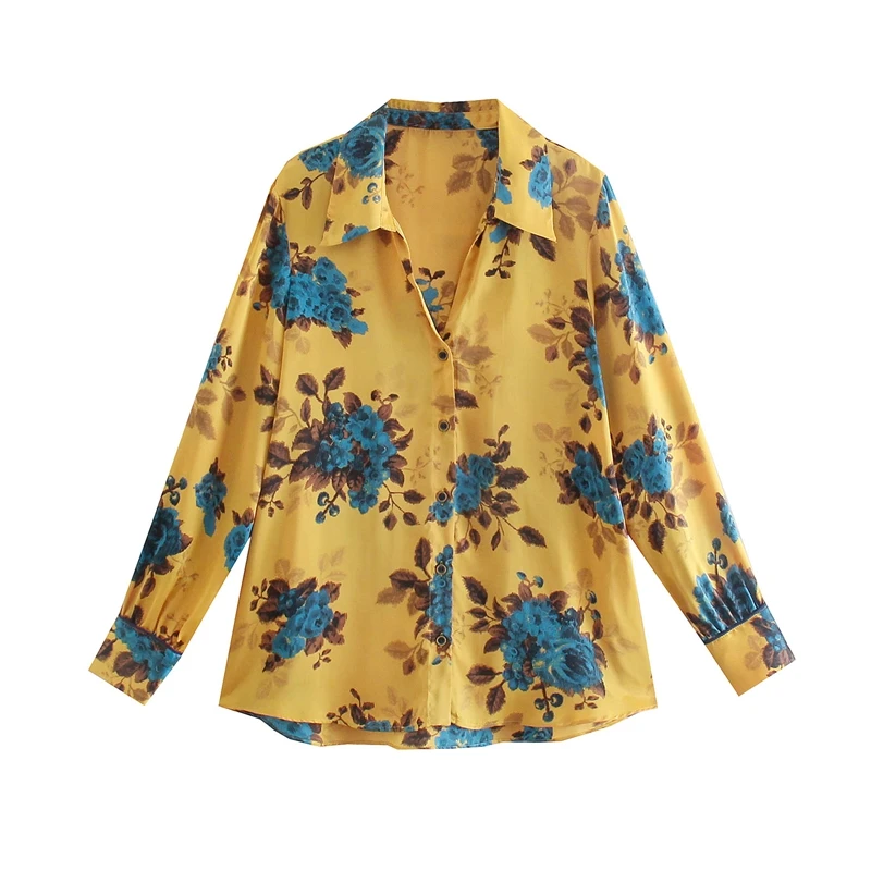 

Fashion Spring Flowers Satin Blouse Women Turn Down Collar Elegant Long Sleeve Shirt Lady Loose Tops
