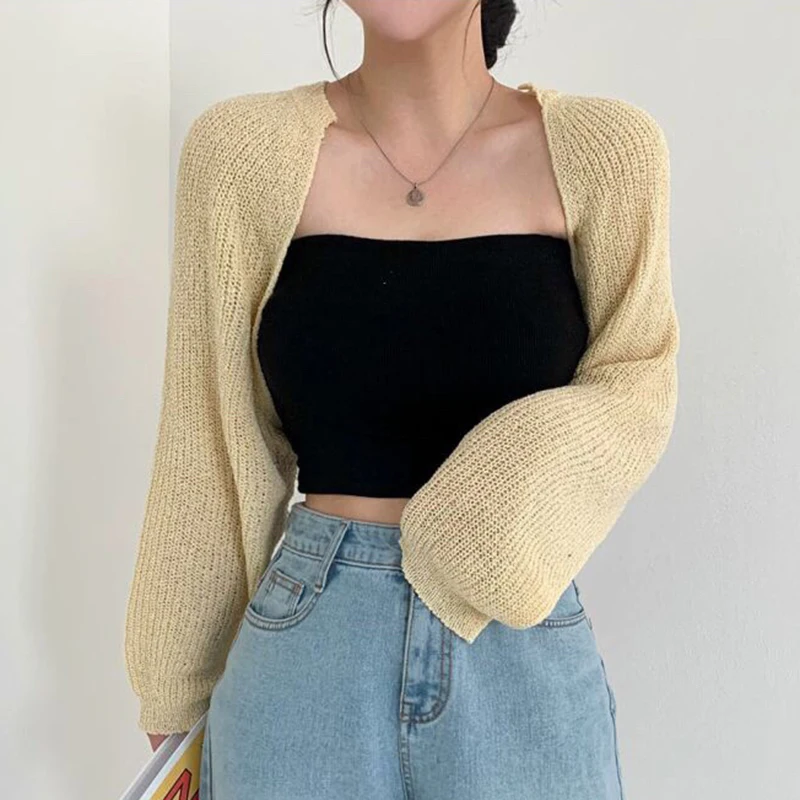 

Kimotimo Women Two Piece Set Korean Chic Autumn All-match Solid Cropped Cardigan Knitted Shawl + Slim Breast Wrap Fashion Sets