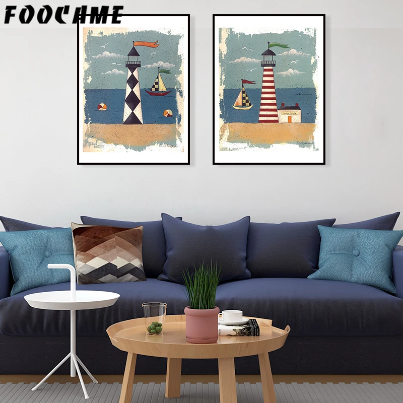 Мультфильм морской корабль плакаты с изображением маяка и принтами Искусство