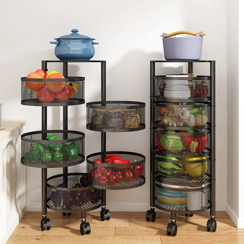 

Rotating Vegetable Rack Kitchen Storage Shelf Rotate 360 Cylindrical Storage Rack Thickened Metal Movable Cart Home Organization