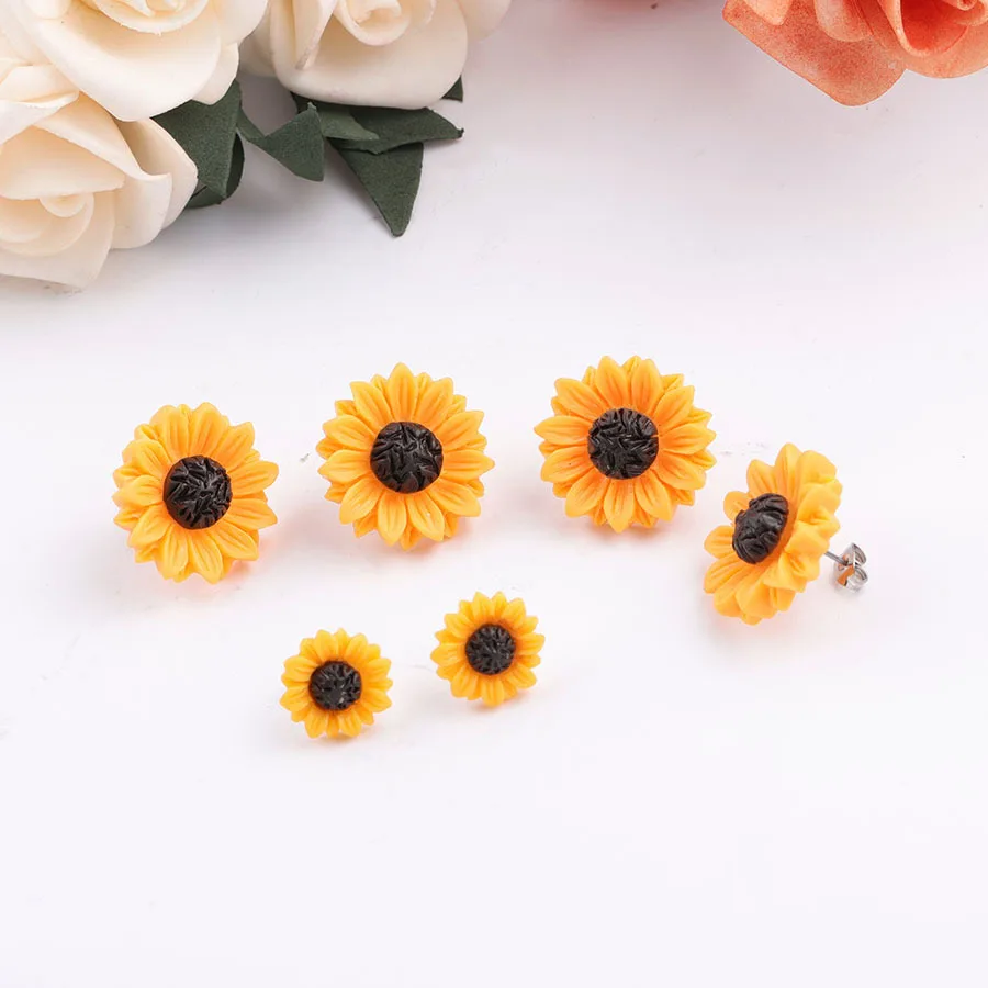 

15mm 18mm 25mm Sunflower Stainless Steel Stud Handmade Resin Earrings for Women Jewelry