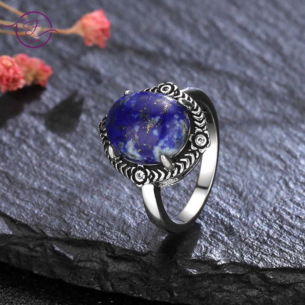 

Sterling Silver 925 Rings Natural 10*12MM Lapis Turquoise Finger Ring New Style Women's Labradorite Moonstone Fine Jewelry Gift