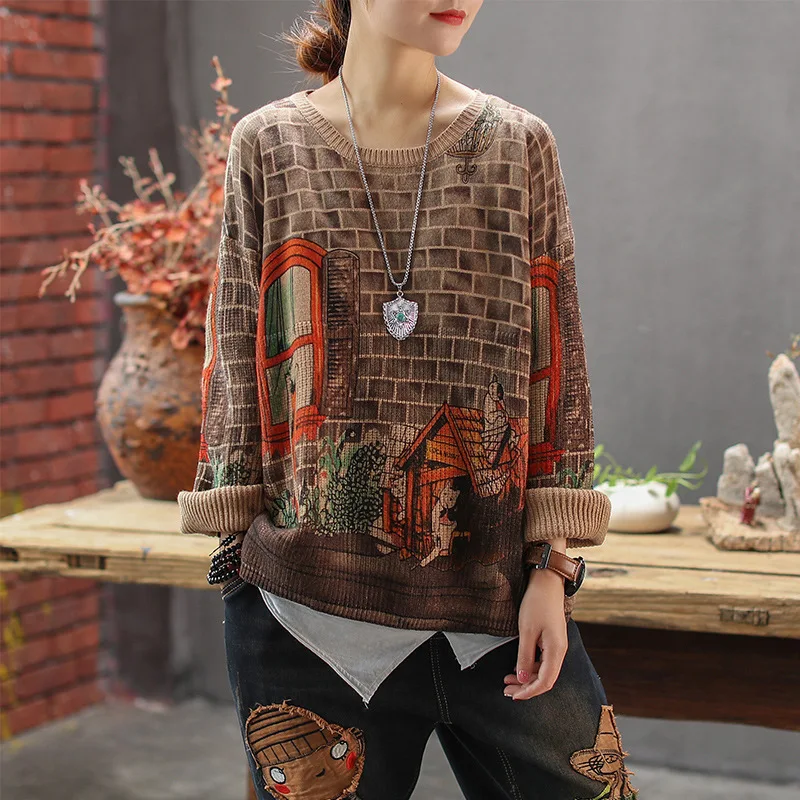 Women Sweater Autumn Winter Retro Large size Knitting Pullovers Tops 2019 New Ladies Print Pattern Loose All-match | Женская одежда