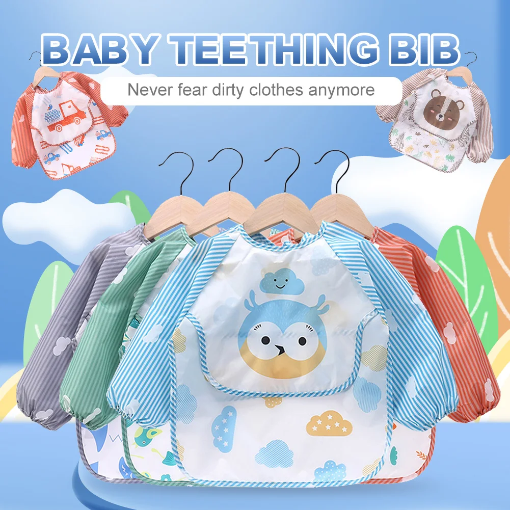

Baby Kids Teething Bib Cartoon Patterns Long Sleeve Bandana Bib With Food Catcher Self Feeding Apron For Teething Drooling Cloth