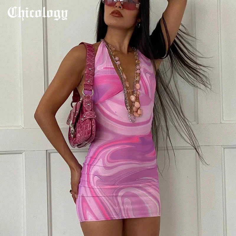 

Chicology женское летнее платье 2021 с принтом в виде галстука-красителя, глубокий v-образный вырез, мини облегающее платье на день рождения, вечер...