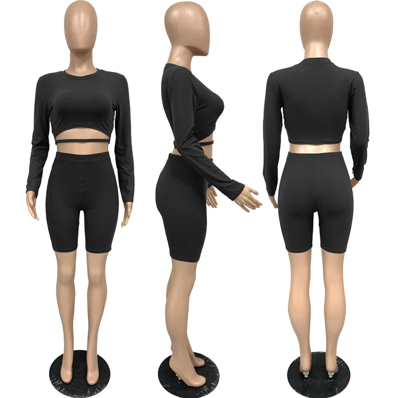 

HAOYUAN Two Piece Set Tracksuit for Women Long Sleeve Crop Top Biker Shorts Workout Matching Short Sets 2 Pcs Outfits Sweatsuits