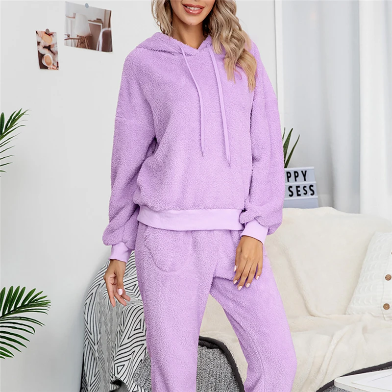 

Winter Ladies Sportswear Trousers Two-piece Long-sleeved Hooded Top Solid Color Double-sided Fleece Warm Outfit