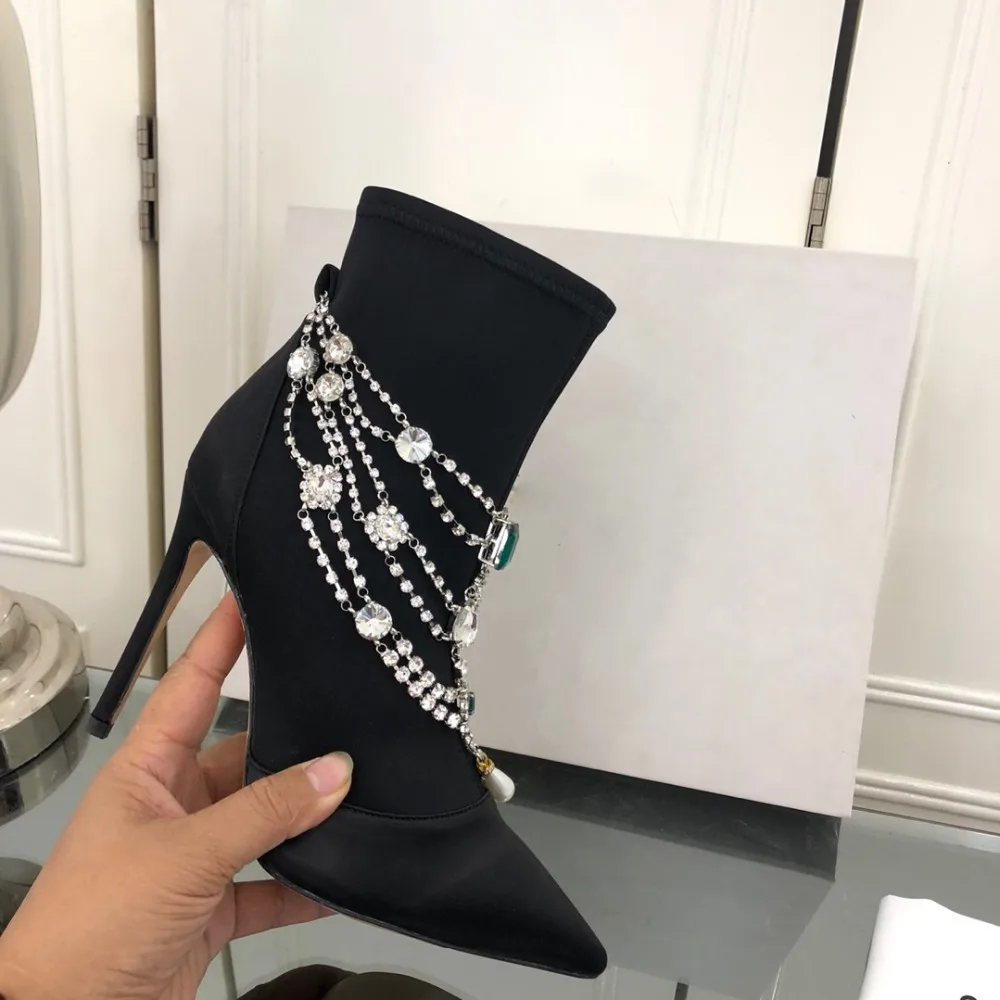 Женская обувь 2020 шелк остроносые короткие сапоги атласные с драгоценным камнем и