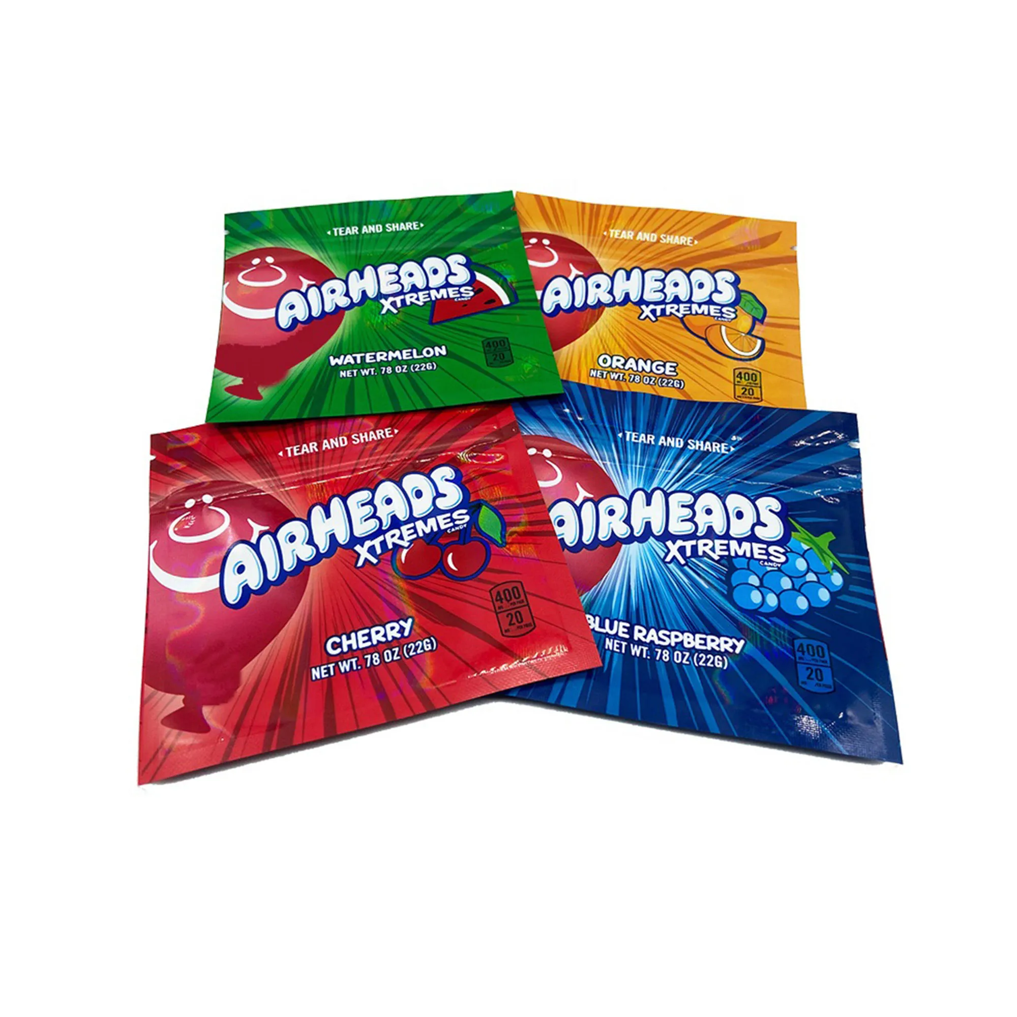 

4 Flavors AIRHEADS bags 22g share Cherry Orange Blue Raspberry watermelon smell proof airheads xtremes mylar bags(Empty bags)