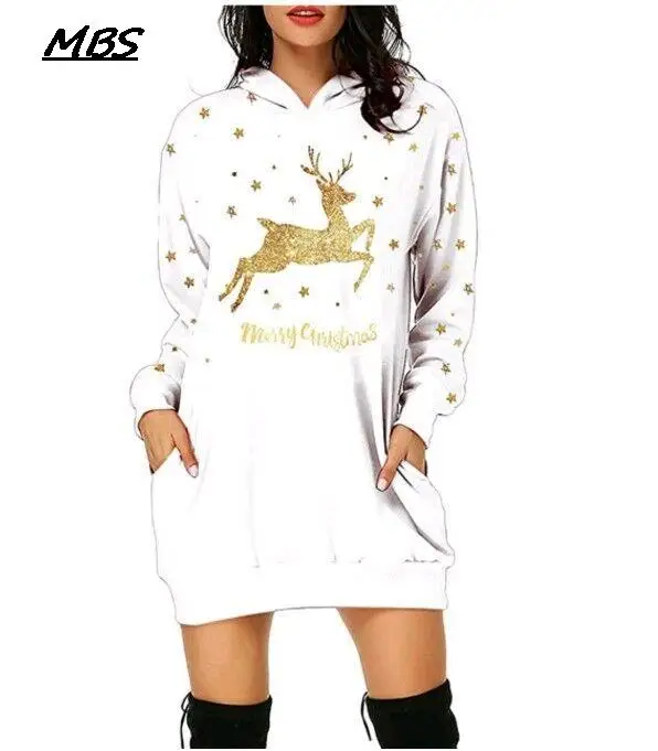 Модное женское рождественское платье толстовки свободная толстовка с капюшоном