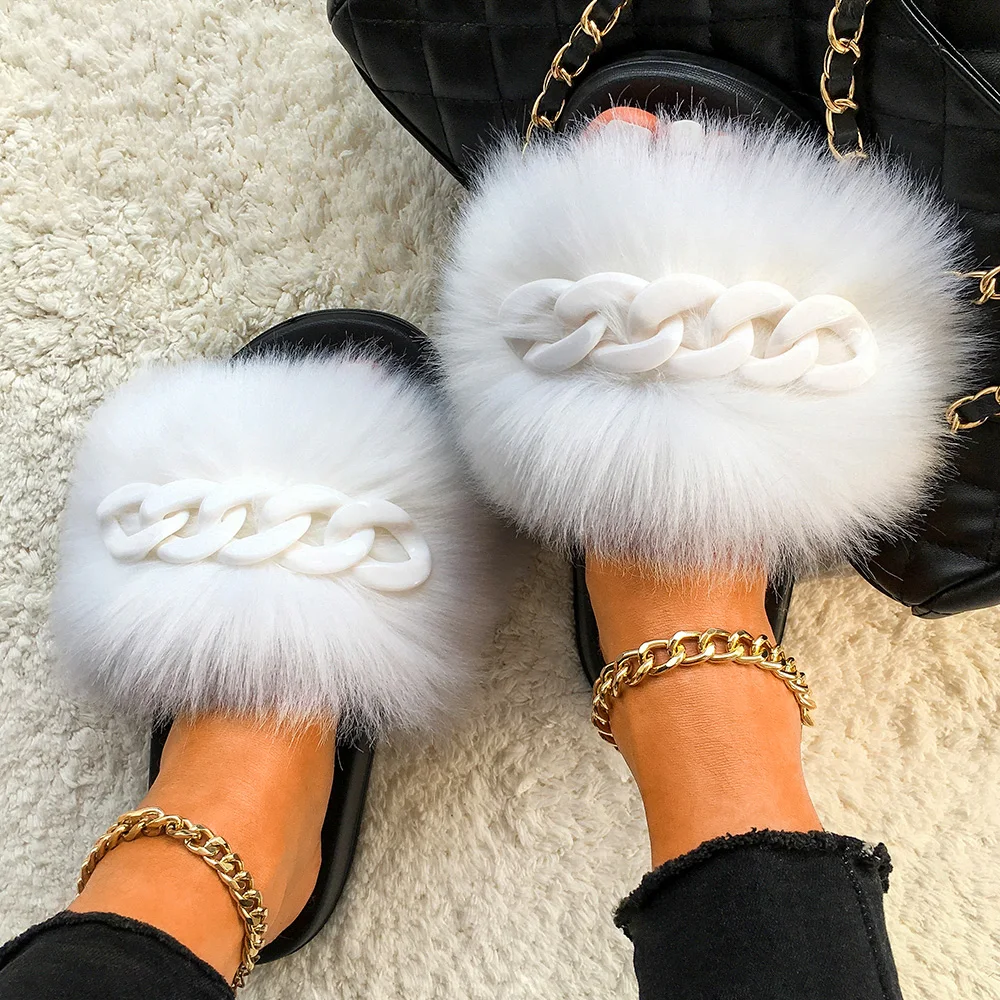 

Women Faux Fox Sandals Designer Chain Furry Fur Slippers Fluffy Flip Flops Summer Beach Plush Raccoon Fur Slides Cozy Home Shoes