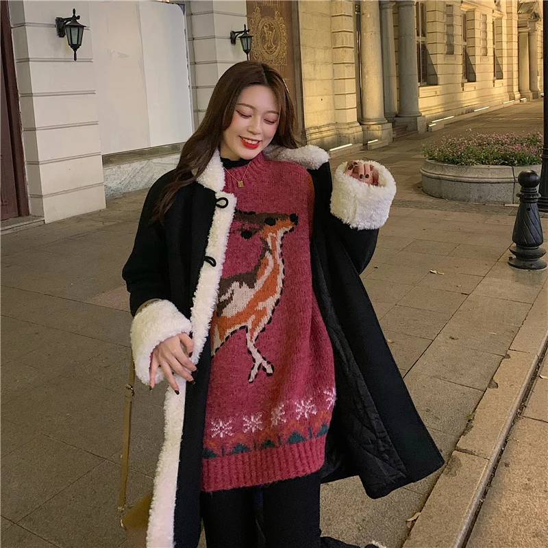 

New Arrivals Long Sleeve Knitting Sweater Woman Winter Thick Christmas Print Deer Loose Pullover Sweater Female Coat