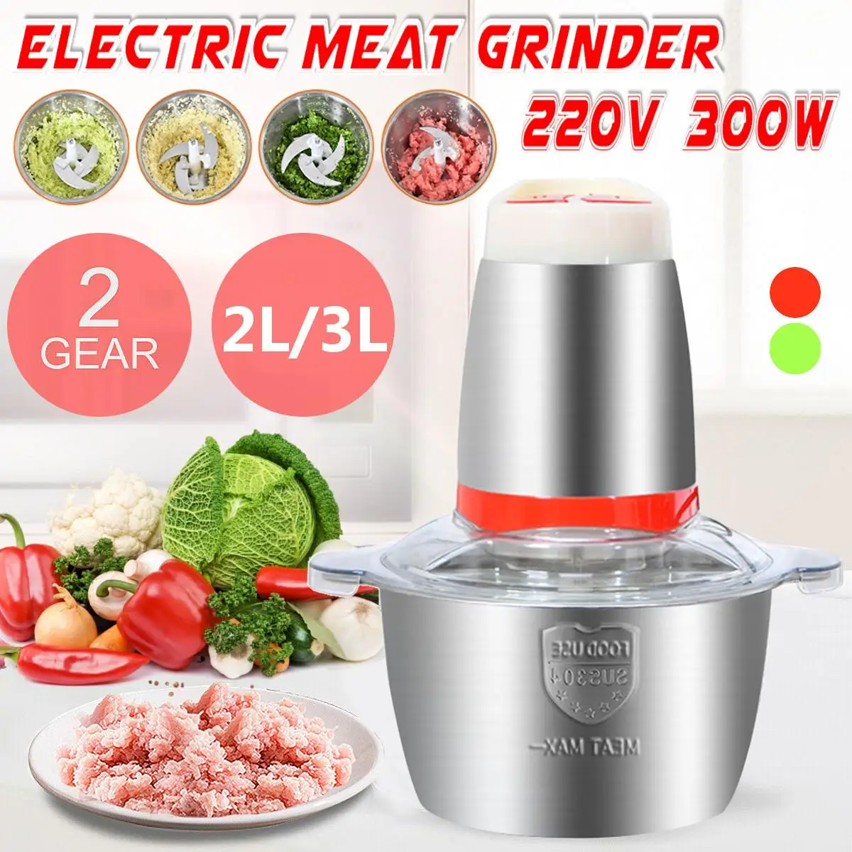 

2 Gear 300W Stainless steel 2/3L Capacity Electric Chopper Meat Grinder Mincer Food Processor Slicer Sausage Stuffer Filler 220V