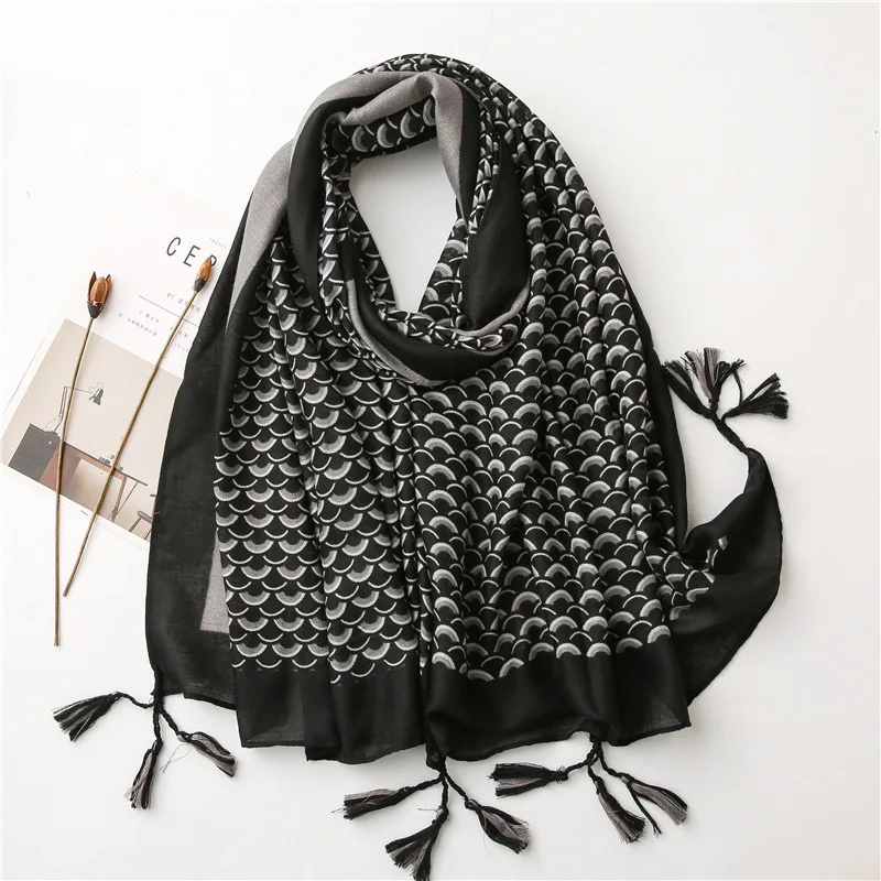 

2020 Women Spain Viscose Tassel Shawl Black Grey Snake Skin Pattern Pashmina Wrap Thick Autumn Winter Soft Hijab Shawl 180*100Cm