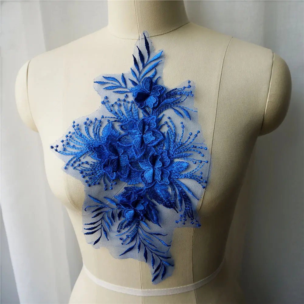 Ярко голубая кружевная ткань 3D Цветочная кисточка вышитый воротник сетчатая