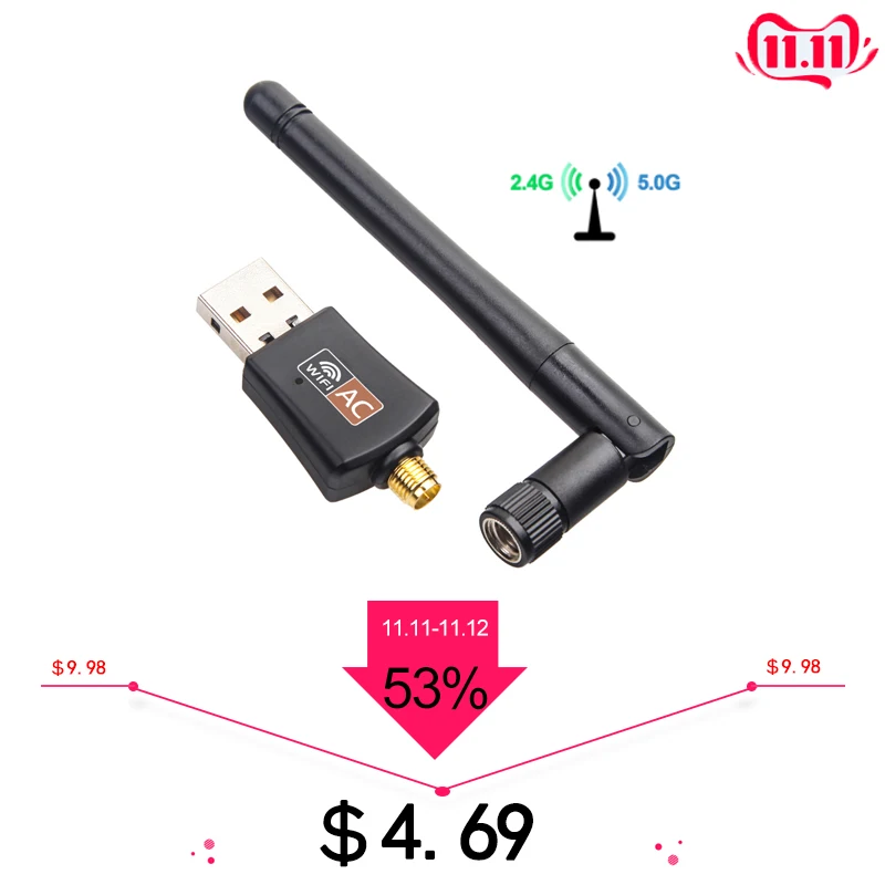 Мини USB WiFi адаптер 5 ГГц + 2 4 600 Мбит/с Беспроводной двухдиапазонный 802.11ac с антенной