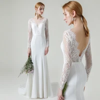 ivory backless mermaid wedding dress 2021 soft satin long sleeve vestido de noiva lace bohemian bride gowns mariee