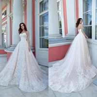 2020 wedding dresses sweetheart sleeveless lace appliques bridal gowns lace up back sweep train a line wedding dress