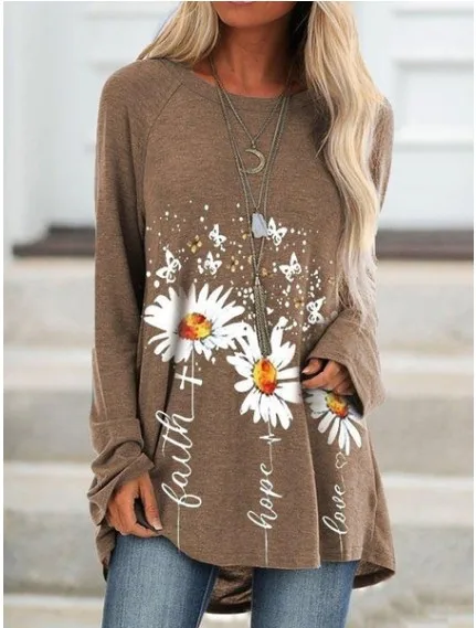 

Loose Long Sleeved O Neck Flower Print Casual Women's T Shirt Tops New Products Hot Style Street Trendy Large Size Ladies Tee