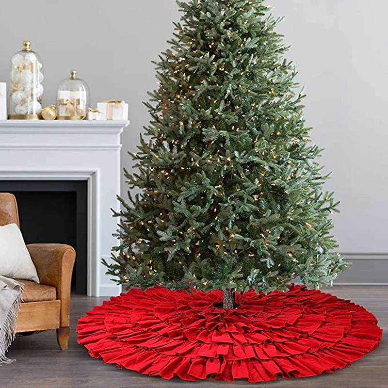 

Practical Christmas Red Ruffle Tree Skirt, 48 Inches 6-Layer Rustic Farmhouse Tree For Holiday Party Christmas Tree Decorations
